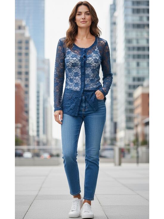 Theodore Beverly Hills Tops - Theodore Beverly Hills Blue Floral Lace Sheer Button Front Top XS Y2K USA